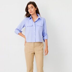 Ann Taylor Weekend Cropped Poplin Button-Down Shirt Blue XXS